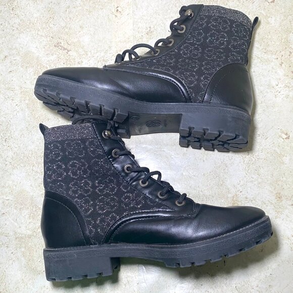 Black Combat Boots Size 8 Lug Sole  Leather & Glitter Fabric Blend Everyday Wear - Picture 4 of 8